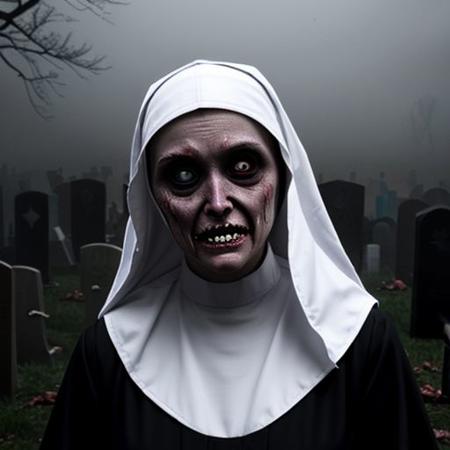 the nun, monster face,at graveyard, foggy, dark and creepy, red eyes, crying blood
