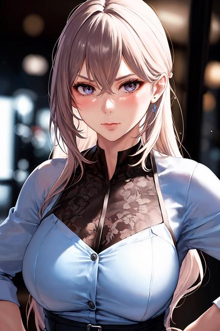 1girl, <lora:Bronya:0.6>, office lady,serious face,colorful theme, (best quality, high quality, high resolution), realistic, ultra-detailed, highly detailed face features, absurdres,  realistic lighting and reflections, highly detailed face features, see through shirt, best photo,high quality illustration