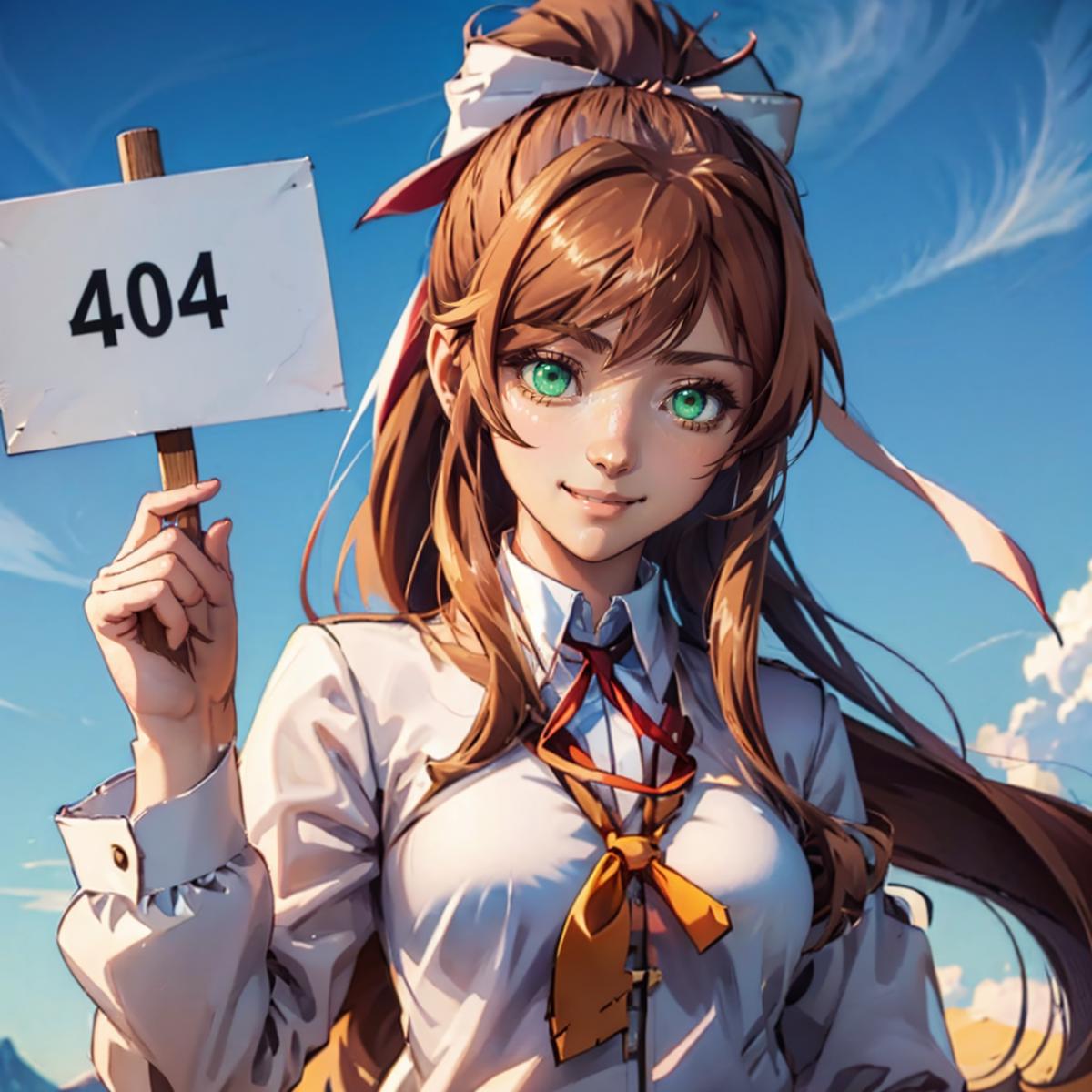Cartoon Woman Holding a 404 Sign with Green Eyes.