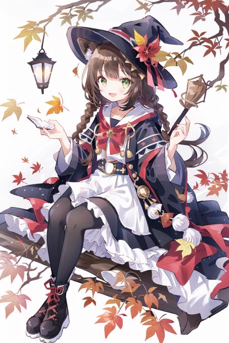 1girl, book, animal ears, green eyes, smile, open mouth, solo, white hair, looking at viewer, full body, multicolored hair, holding, hat, autumn leaves, wide sleeves, bangs, broom, leaf, acorn, :d, long sleeves, blush, two-tone hair, lantern, blunt bangs, boots, pantyhose, maple leaf, brown hair,   <lora:cute style:0.5>