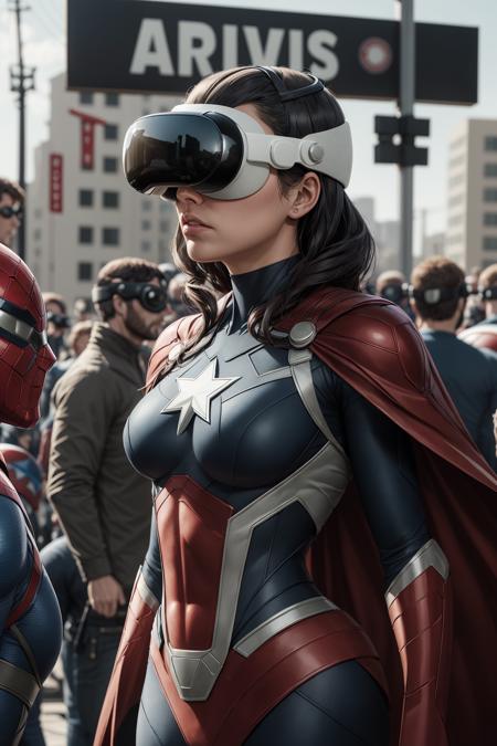 (Marvels, Super heroes comics art style, comic book cover:1.1),
depth of field, crowd, crossroads, 1girl, half-body shot,
looking away, awe,<lora:vision_pro_v1:0.4>,wearing VR glasses, wearing Vision Pro