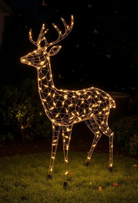 night time backyard garden, a sculpture of a deer made entirely out of hex chicken wire and christmas lights, some bushes and pale moths in the background
