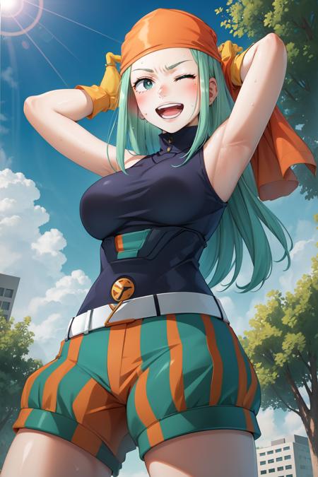 EmiHS2, solo, 1girl, green hair, bandana, long hair, smile, breasts, looking at viewer, gloves,bare shoulders, sleeveless, green eyes, large breasts, open mouth, cowboy shot, striped, striped clothes, belt, orange gloves, aqua hair, shorts, :d, eyelashes, teeth, shirt, blush, arms behind head, arms up, one eye closed, striped shorts, sweat, black shirt, sleeveless shirt, yellow gloves, puffy shorts, outdoors, sky, clouds, day, buildings, trees, bushes, (from below:1.3),
 <lora:EmiHS2:0.8>