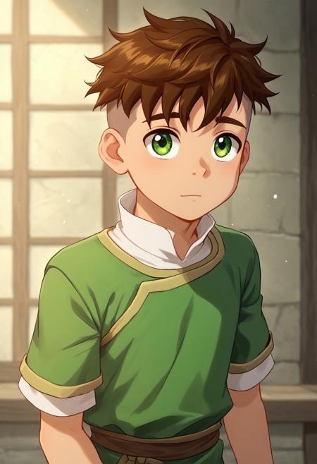 Kai, Brown Hair, Undercut, Green Eyes Air Nomad Outfit Green Tunic, Suspenders, Black Pants Airbender Wingsuit Green Tunic, Green Short Sleeve Jacket Prison Tunic, sleeveless 