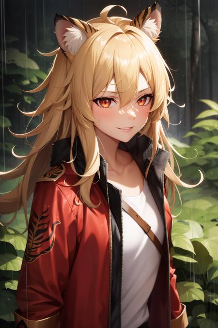 girl in jungle, epic, intricate, smirk, from above, muscular, standing, (thunder rain storm, aura:1.1), blonde hair, tiger ears, messy hair, slit pupils, red eyes, black jacket, high collar