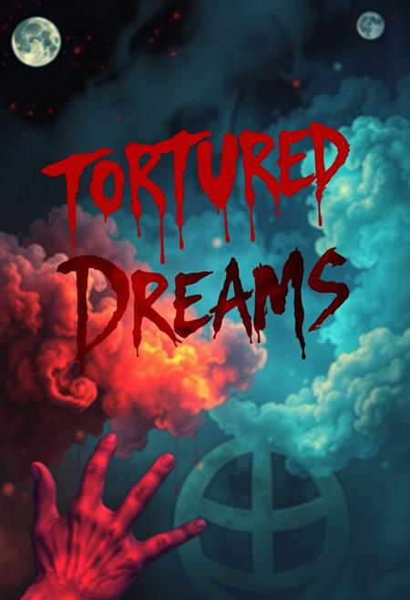 A vivid digital art piece depicting the dreams of a schizophrenic, written above the main focus of the image in bleeding shaky script lettering are the words "Tortured Dreams"
