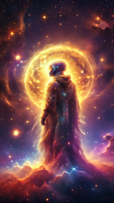  novuschroma, retro-futuristic science fiction:1.5), (towering sci-fi structures:1.4), highly detailed, (futuristic titan in a vintage spacesuit:1.3), <lora:Space_Nebula_Style_SDXL:1.0>, (masterpiece:1.2), best quality, (hyperdetailed, highest detailed:1.2), high resolution A highly detailed and cinematic science-fiction scene with mystical fantasy elements. A hooded 1 boy figure draped in an ornate, is sitting, glowing robe sits before a massive golden and purple shimmering material structure, embedded with intricate carvings and holding a cosmic orb at its center. The orb emits a faint celestial glow, reflecting galaxies and stars within its depths. The figure gestures as if communicating with the orb, their robe adorned with glowing golden orbs that emit a soft light. The background is a vast, starry cosmos, filled with subtle trails of light, nebulas, and distant galaxies. The scene is illuminated with soft, warm lighting from the golden structure, casting intricate shadows. Hyper-realistic textures, perfect composition, cinematic Kodachrome tones, and artistic mastery. Ultra HD, 8K resolution, intricate cosmic design, surreal atmosphere