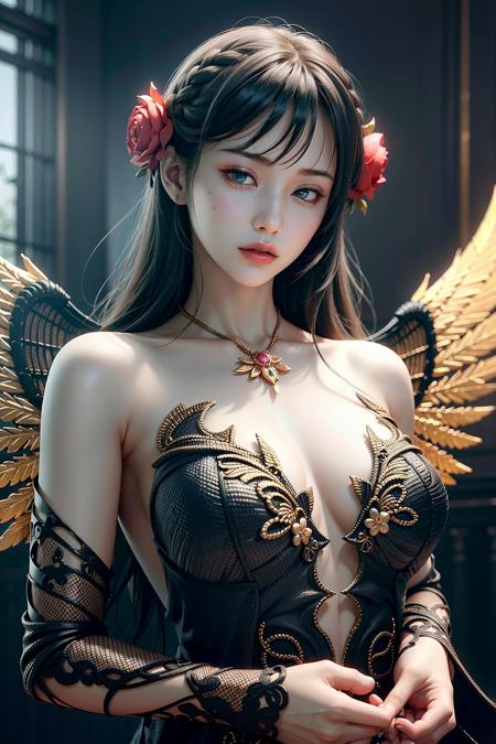 (RAW photo, best quality), (realistic, photo-realistic:1.3), masterpiece, hyper detail, intricate details, CG, unity, 2k wallpaper, Amazing, dramatic light,  Phoenix dress, 1girl, black dress, lace trim, solo, flower, closed eyes, jewelry, hair ornament, necklace, wings, bare shoulders,  black hair, bird, rose  <lora:phoenixdressV.2-0000010:0.7>