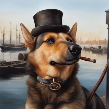 highres,absurdres,masterpiece,karmikarminsky,a dog dressed like a british 1800s thug,(smoking a vintage pipe:1.2),with mutton chops,lower class,<lora:karmikarminskyxl:1>,background is victorian harbor,realistic oil painting,