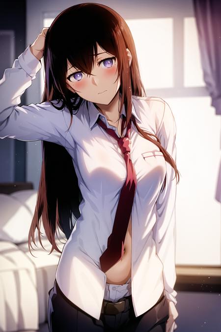 <lora:makiv1:0.7>, 1girl, blue eyes, blush, bra, cleavage, collared shirt, hair between eyes, long hair, looking at viewer, makise kurisu, necktie, open clothes, open shirt, shirt, solo, underwear