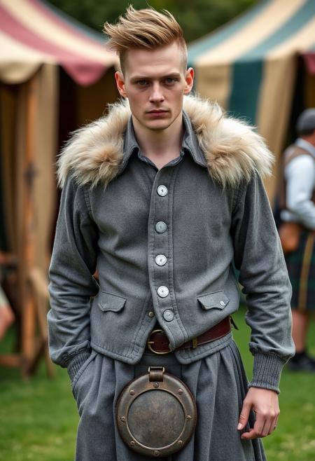 An androgynous man at a renaissance fair wearing a grey canvas kilt, wide-collared shirt, and a spotted grey vest. fur across his shoulders