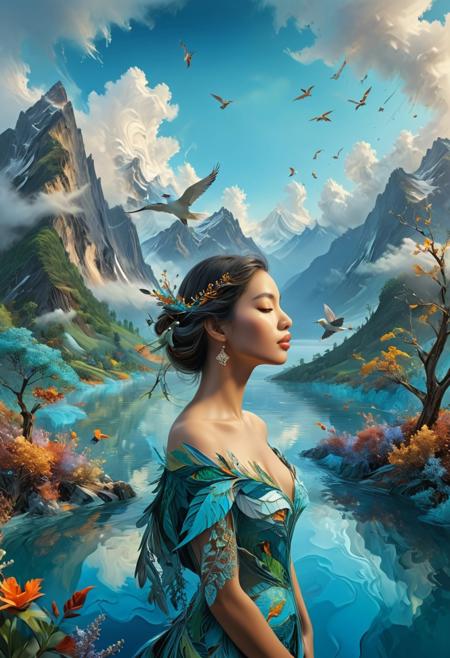 A 3D abstract artwork depicts a stunning landscape intricately blended onto the visage of a woman, while a bird perches gracefully on her shoulder. The landscape is replete with mountains, trees, and a tranquil body of water, framed by a cloud-filled sky. The overall composition exudes a dreamy, abstract ambiance, seamlessly merging reality and imagination.