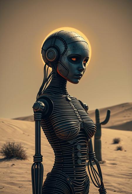Text'beach where', Vector Art, Two Toned bleaked beige-red and black, Closeup Portrait, Monochrome, Closeup Portrait of a minimalism surreal Silhouette Striped old rusty Female steampunk cyborg made of blue-gold metal, its body is made entirely of lines and Stripes resembling wires, the eyes are dimly lit, and one arm is missing. It stands in a dusty desert in scorching heat. A cactus can be seen with an earth Like halo infront a Striped deep space embedded in a grignani inspired monochrome with greyscale lines, an Image completely made of bold thick lines, perfectly aligned, a Illusion Made of lines