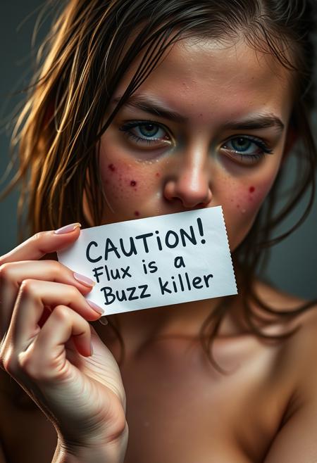 Realistic photo of a wet perfect girl holding paper "Caution! Flux is a Buzz killer" written, skin pores