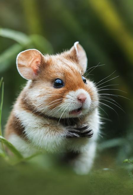 close-up of a small rodent, possibly a hamster, peeking out from behind some green grass.