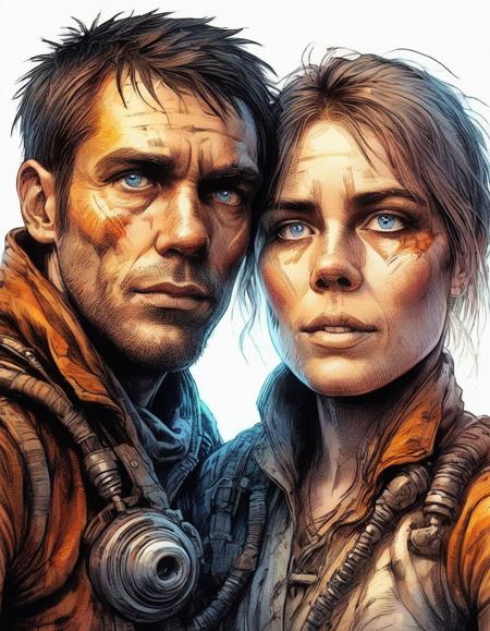 bright closeup portrait of adult mad max survivalist siblings with a white background high key lighting situation with colored rim light and eyes catch lights beautiful ethereal sci-fi