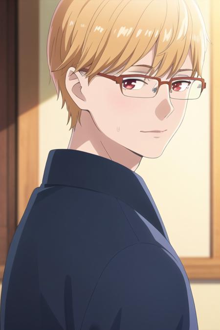 masterpiece, best quality, photorealistic, 1boy, solo, male focus, looking at viewer, upper body, depth of field, <lora:eita_sasaki:0.70>, eita_sasaki, glasses, blonde hair, red eyes