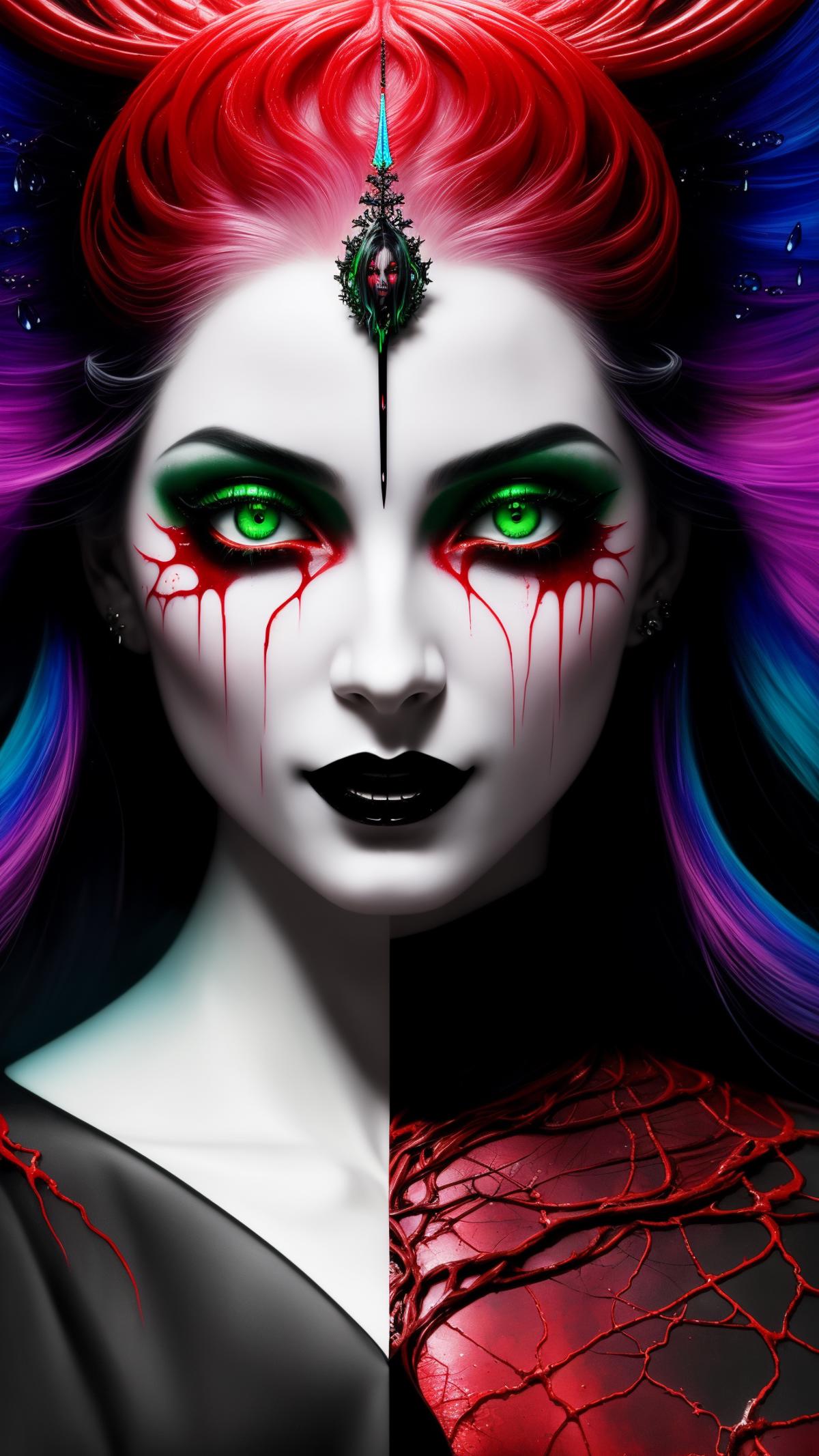 A purple haired woman with green eyes, black lipstick, and a spider web design on her face.