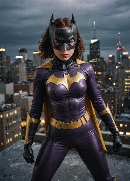 cinematic analog photograph using a Nikon F6 with strong film grain and bokeh effect, 25-year-old fighting pose, on a thunderstorm night rooftop ledge, dramatic lighting, gritty, futuristic New York City, noir feel, dark purple and gold Batgirl superhero suit with a mask, detailed face and eyes with visible pores and scars