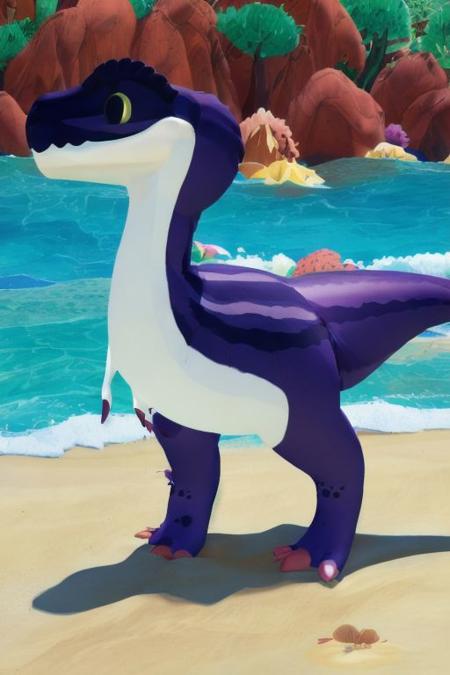 ((masterpiece,best quality)),best res,good anatomy,cute,very cute face,smiling,very detailed,4k,happy,blushing,,full body,smiling,Trex,middle of a beach.looking at viewer,