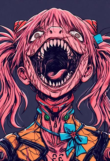 <lora:asuka_agedup_XL_0061_pony:1.3> souryuu asuka langley, bright pink hair, twintails with blue bows, creepy aesthetic, ((diamond teeth)), open mouth, big cracked pupils, ((split tongue)), sad, depressed, stiches, scars, <lora:HardCrash:1.0> <lora:souryuu-asuka-langley-cosplay-ponyxl-lora-nochekaiser:0.8>, souryuuasukalangleycosplay, souryuu asuka langley \(cosplay\),  pilot suit, plugsuit, deep golden bodysuit, interface headset, dutch angle, score_9, score_8_up, score_7_up, score_6_up, score_5_up, score_4_up, <lora:GRIM_v1:0.4>  monochrome, limited palette, horror (theme), eldritch abomination, chaotic, silhouette, hectic, surreal, menace, punk