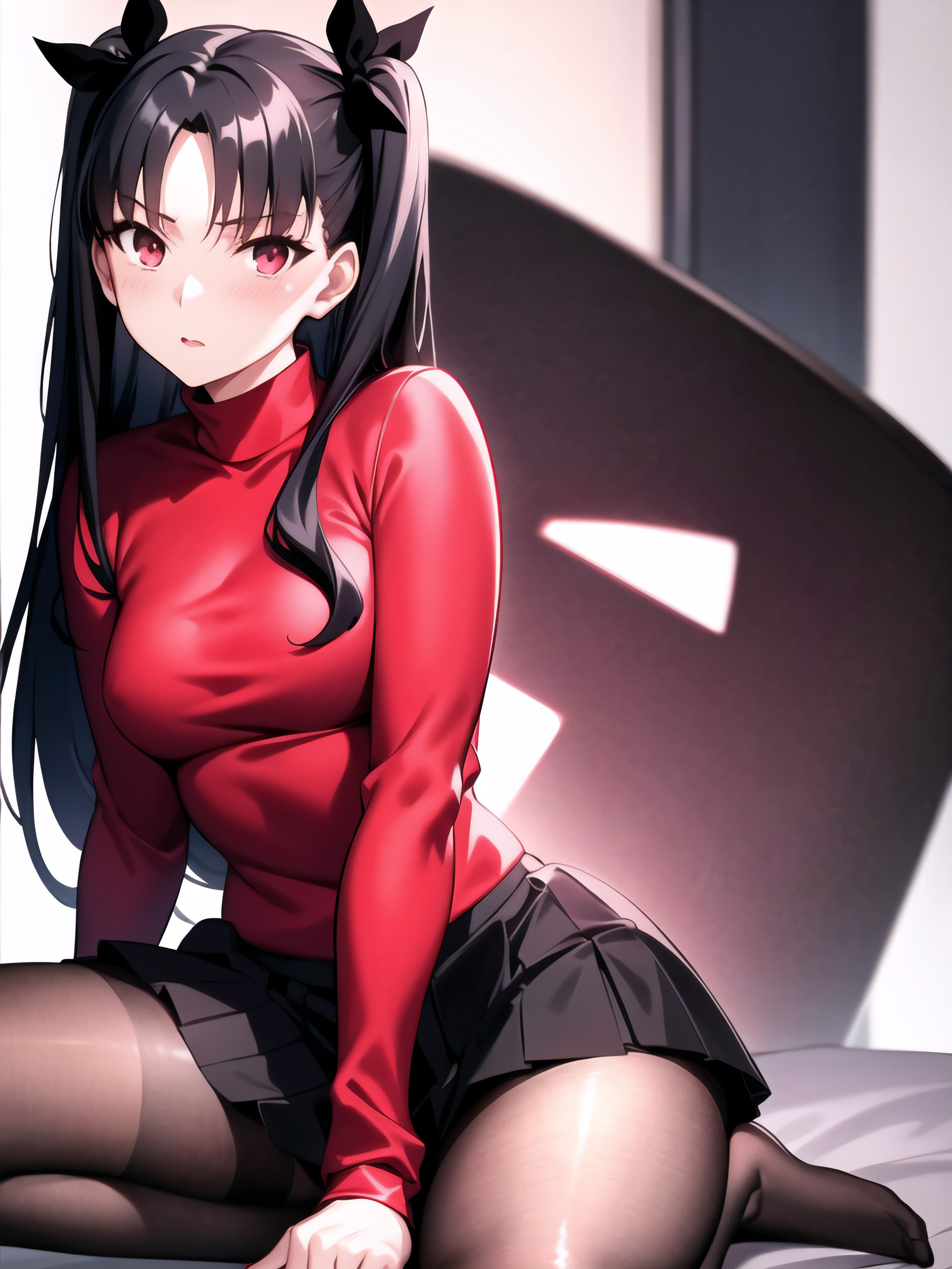 <lora:Tosaka:0.3>, 
woman, red turtleneck, cross bait on the chest, black skirt, black stockings, black hair
masterpiece, ...