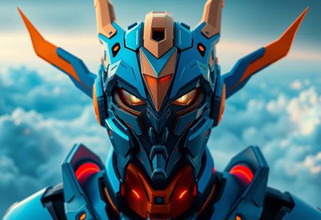 Create a high-definition, close-up concept art of a person wearing Full Armor Gravitation, inspired by Omegamon, with a predominantly blue and orange synthwave color scheme, as seen on a Blu-ray cover. Incorporate transmetal and metal skin details, with a focus on micro and lifelike details. Set against an epic, cosmic cloudscape, with a centered headshot and a slight pincushion lens effect. Ensure the image has a cinematic, 8K quality and an ultra-wide angle, zenith view.