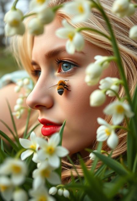 Girl lying in garden with bee flying near her face
