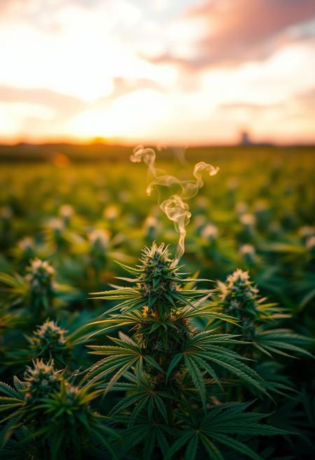 vibrant cannabis field, (lush green leaves:1.4), (sunset glow:1.2) casting warm light over the plants, (detailed textures:1.5), smoke swirling softly in the air, (cannabis buds:1.3) glistening with trichomes, peaceful and serene atmosphere, (natural light:1.4), wide field stretching into the distance, (colorful sky:1.2) with shades of pink and orange, (high-definition:1.6), (ultra-realistic textures:1.5), close-up details of cannabis plants, (soft focus in the background:1.2), modern, laid-back aesthetic, perfect for a cannabis culture feature, chill and relaxed vibe, (overexposed:-1.4), (unnatural colors:-1.5), (blurry:-1.6), (low-resolution:-1.7), (harsh lighting:-1.5), (distorted textures:-1.6)
