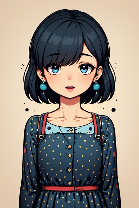 sd mai, flat illustration,
1girl,jewelry,solo,earrings,upper body,polka dot,bangs,makeup,lipstick,dress,hair over eyes,polka dot dress,
 <lora:SD_MAIæç®æå¹³æç»:0.7>