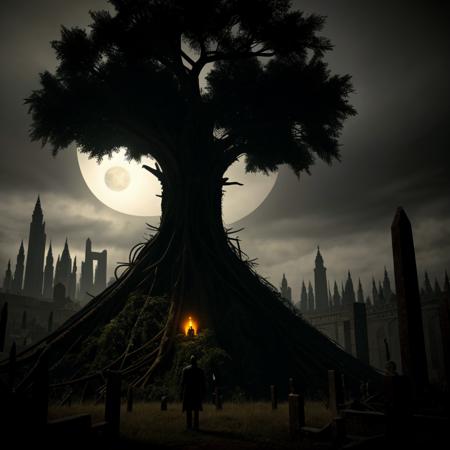 Horror-themed,  <lora:carcosa city style SD1.5:1.2>
In an ancient and mysterious city a skull with horns and a tree in the background carcosa city style, Eerie, unsettling, dark, spooky, suspenseful, grim, highly detailed