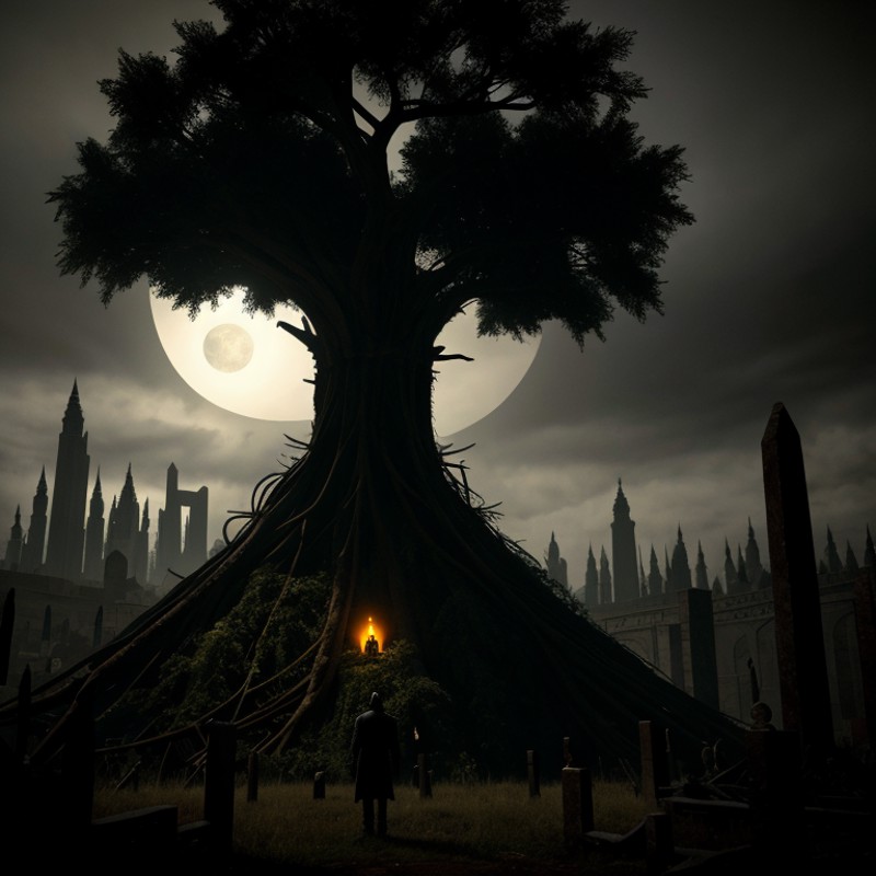 Horror-themed,  <lora:carcosa city style SD1.5:1.2>
In an ancient and mysterious city a skull with horns and a tree in the...