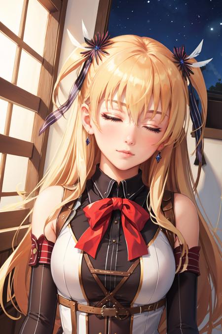 masterpiece, best quality, alisa reinford, sen2alisa, two side up, black ribbon, red bow, sleeveless shirt, pleated skirt, elbow gloves, upper body, blushing, closed eyes, indoors, night, window, portrait, close-up, looking at viewer, hands to heart <lora:alisa-nvwls-v2-000009:1>