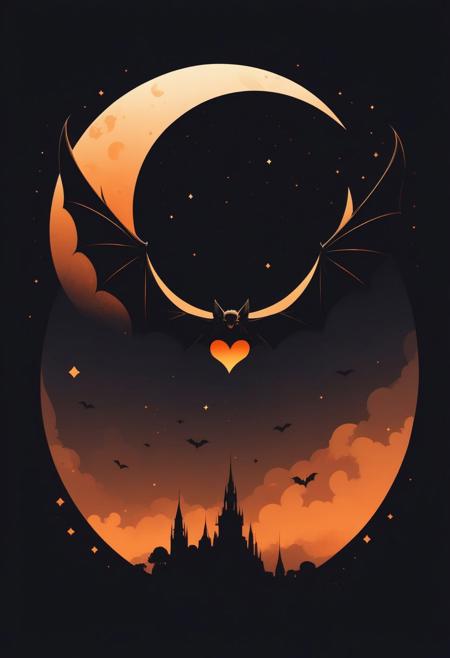 Vector Art, Dramatic Noir Silhouette, Bold Black and Orange Color Palette, (Moonlit Worlds:1.3), Heart-shaped Nebula, (Mystical Bats:1.2), Geometric Celestial Bodies, (Intricate Batwing Patterns:1.2), (Radiant Crescent Moon:1.3), Mesmerizing Geometric Shapes, (Emphasized Chiaroscuro:1.2), Captivating Composition, (Noir Enigma:1.2). simple background logo