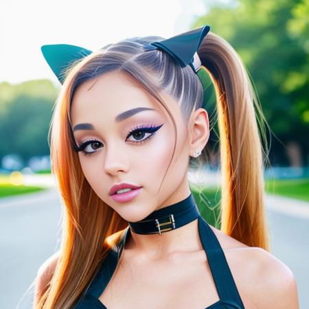 photo of a ariana-10000, dynamic posture, slender physique, pouty, (extremely detailed:1.3), (textured skin:1.3), (slutty makeup:1.3), small, petite, lipstick, (detailed eyes), highres, realistic lighting, high ponytail, cat ears, freckles, choker, (sexy clothes:1.2), (background in public park:1.2), (sunny:1.3),