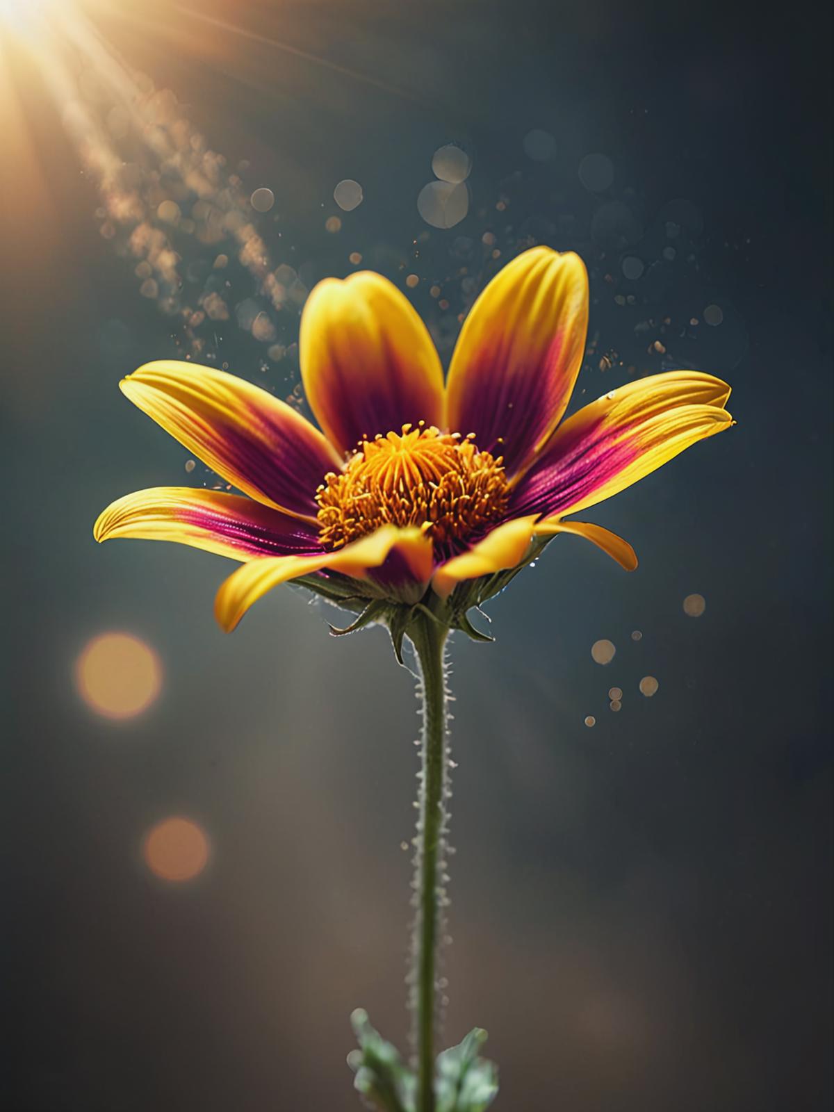 A yellow and purple flower with yellow petals and a brown center.