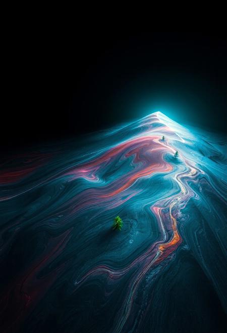 JNANX,luminous white silhouette,cyan glow,emerald highlights,flickering outline,dreamlike movement,rippling colors,drifting embers,infinite black background,psychedelic colors,ethereal,futuristic surrealism,gw,glowing,night,night sky,trippy,
"A breathtaking aerial view of the Painted Dunes in Lassen Volcanic National Park, USA. The rolling hills display a surreal palette of vibrant reds, oranges, pinks, and purples swirled with darker grays and blacks. Small green pine trees are scattered across the undulating landscape, adding pops of contrasting color and a sense of scale. Capture the intricate patterns and textures of the mineral-rich soil, emphasizing the otherworldly beauty of this volcanic terrain under a bright daylight.