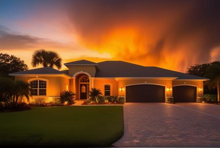 sunset, Florida, Sarasota, real estate, dramatic sunset, clouds, golden hour, golden ratio composition,  intricate detail , 8k, , dynamic, cinematic, ultra-detailed, full background,  epic location, vacation photography, magical location, epic, sparkle, glitter, scenery, ((no humans)), drizzle, beautiful, (shiny:1.2), monolithic, bloom:0.4, sparkle, extremely detailed, multicolored fire theme, alluring lighting, rim lighting, HD. Photography real estate photography by Larry Hanna, Jason Miller, Anthony Dimaano, Alex Tonetti, Shawn Talbot.