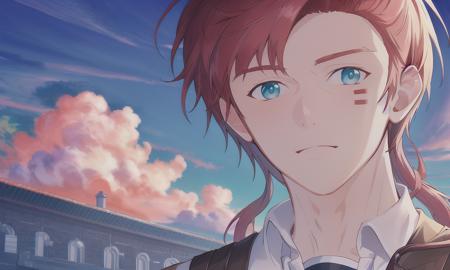 ((best quality,masterpiece, extremely detailed 8K wallpaper)),detailed light, official art, best shadow, (detailed sky, beautiful sky), layered clouds, 1boy, male focus, detailed face, aqua eyes, detailed eyes, beautiful eyes, standing, expressions, half_body, happy, dynamic pose, wind, vibrant_color, strips_mark_on_face, leoanrd_dung