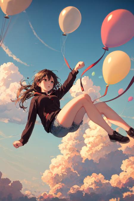 masterpiece, best quality, 1girl, falling from the sky, clouds, balloons, clenched fist