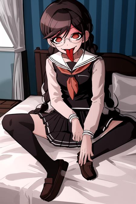 masterpiece, best quality, highres,<lora:GenocideJackDG:1>  , 1girl, solo, skirt, school uniform, neckerchief, pleated skirt, long sleeves, sailor collar, looking at viewer, black skirt, red neckerchief, black shirt, glasses, tongue out, full body, on bed, sitting,  <lora:aidairoStyle_v10:0.8>