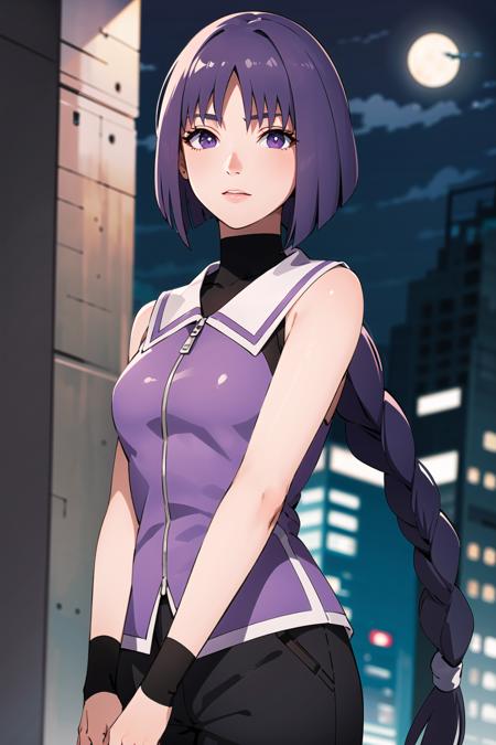 (best quality), (highly detailed), masterpiece, (official art),sumire kakei, single braid,  looking at viewer, city, night, sky, moon, standing,  (upper body:1.2),  sleeveless jacket, black shorts, wristband, black shirt, backlighting, blurry background, depth of field, best quality, masterpiece, intricate details, tonemapping, sharp focus, hyper detailed, trending on Artstation,1 girl,