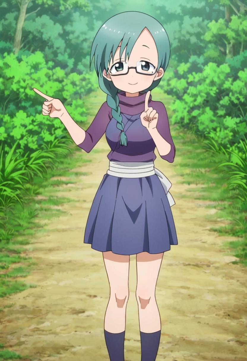 <lora:KunoichiMizubasho:0.7> KunoichiMizubasho, looking at viewer, smile, single braid, purple shirt, pointing,  outdoors, glasses, blue skirt,