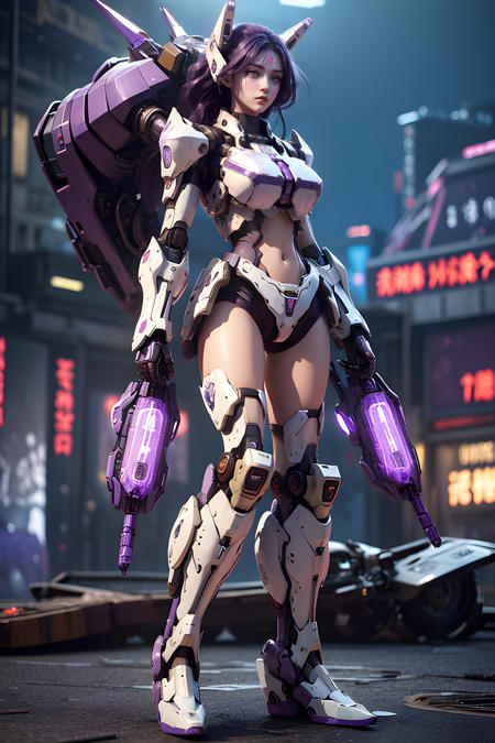 mecha girl (purple eyes:1.5)),masterpiece,(best quality:1.3),ultra high res,raw photo,detailed skin,beautiful lighting,(realistic,photo-realistic:1.4),1girl,Mecha,(Neon Light:1.2),Combat Background,(Night:1.5),Cyberpunk,(Clear background:1.3),(((full body)))