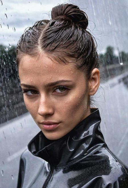Fashion, professional, asphalt, concrete wall, clouds, rain, close-up, jp-Elle-2325, wetshirt, reflections, looking at viewer, eye contact, shadows, 21-year-old, ponytail, dark hair, mysterious, smirk
