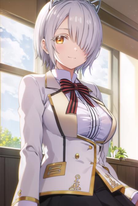 chartreuxwestia, <lora:chartreux westia s1-lora-nochekaiser:1>,
chartreux westia, short hair, bangs, (yellow eyes:1.3), grey hair, (hair over one eye:1.5), smile,
BREAK skirt, shirt, bow, school uniform, jacket, white shirt, striped, bowtie, black skirt, red bow, white jacket, tiara, striped bow,
BREAK indoors, classroom,
BREAK looking at viewer, (cowboy shot:1.5),
BREAK <lyco:GoodHands-beta2:1>, (masterpiece:1.2), best quality, high resolution, unity 8k wallpaper, (illustration:0.8), (beautiful detailed eyes:1.6), extremely detailed face, perfect lighting, extremely detailed CG, (perfect hands, perfect anatomy),