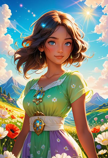1 black girl standing in a sunlit field of wildflowers (daisies, poppies, and lavender), surrounded by rolling green hills with majestic snow-capped mountains in the distance. Bright blue sky with fluffy white clouds, golden sunshine creating soft lens flares. The girl has (detailed sparkling eyes) and (flowing hair in the wind), wearing a (light summer dress). Ultra HD 8K resolution, anime-style coloring with vibrant yet natural tones, Studio Ghibli-inspired background with Miyazaki-style clouds, Makoto Shinkai-level lighting effects. Depth of field with slight bokeh on foreground flowers