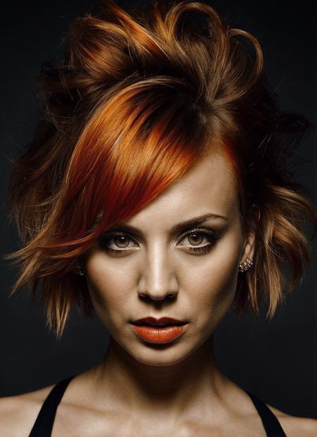 portrait of sks woman by Flora Borsi, style by Flora Borsi, bold, bright colours, orange Mohawk haircut, ((Flora Borsi)), <lora:locon_kaleycuoco_v1_from_v1_64_32:1>