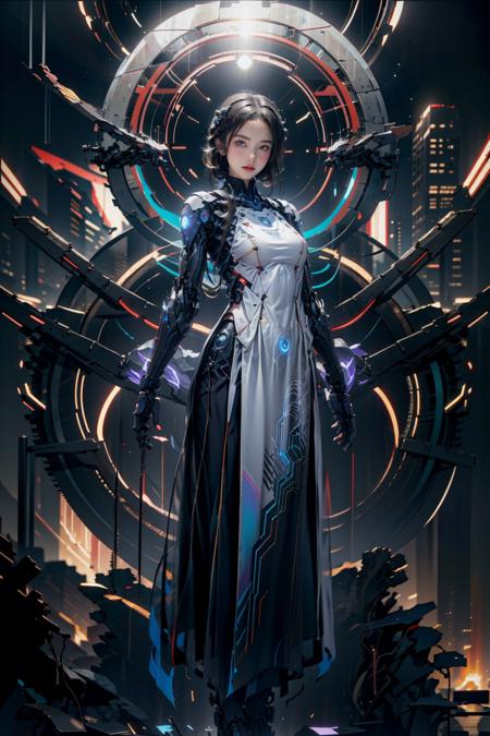 official art, unity 8k wallpaper, (ultra detailed), beautiful and aesthetic, beautiful, masterpiece, best quality, 
(1girl:1.3), mature female, cyberpunk, mecha, sexy, iridescent eyes, starry sky, standing, futubot, futureaodai
<lora:Futuristicbotv.2:0.65><lora:futureaodai-000010:0.85>