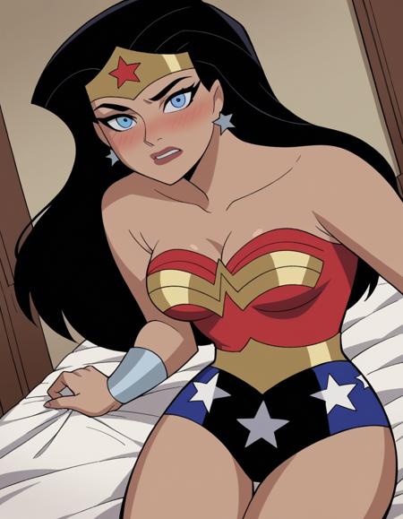 diana prince, blue eyes, black hair, cleavage, bare shoulders, jewelry, star \(symbol\), leotard, star print, superhero,